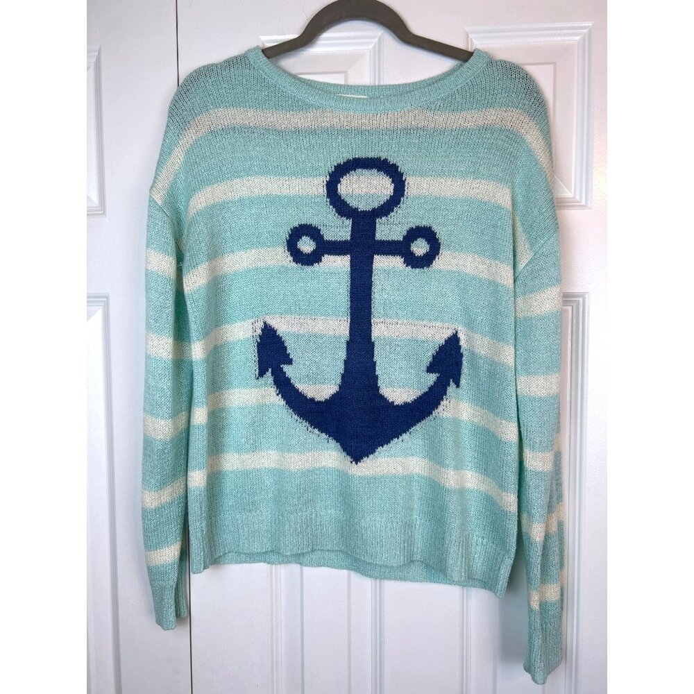 Light Aqua Striped Anchor Crew Neck Sweater - Unbranded